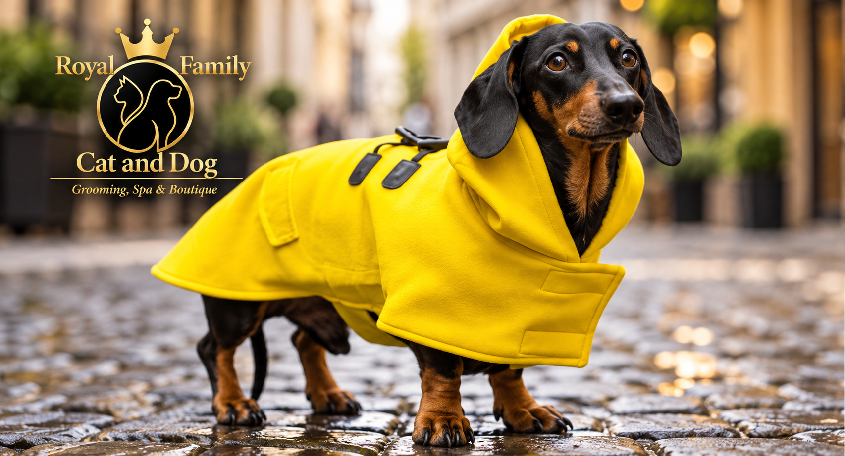 Cão com casaco impermeável amarelo